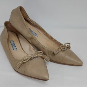 Prada Milano Taupe Leather Pointed Toe Ballet Flats, 37 1/2